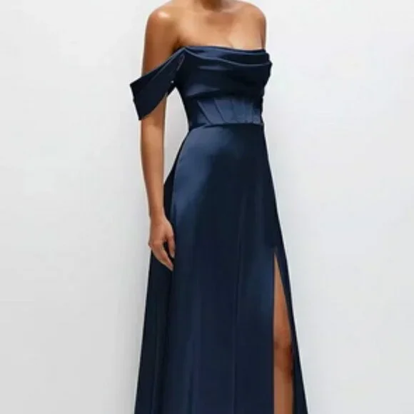 After Six Midnight Navy Blue Satin Convertable Gown 6898